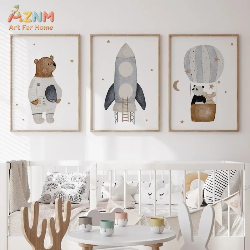 Neutral Space Animal Canvas Wall Art Astronaut Bear Mouse Hot Air Balloon Print Nursery Poster Boho Kids Bedroom Baby Room Decor