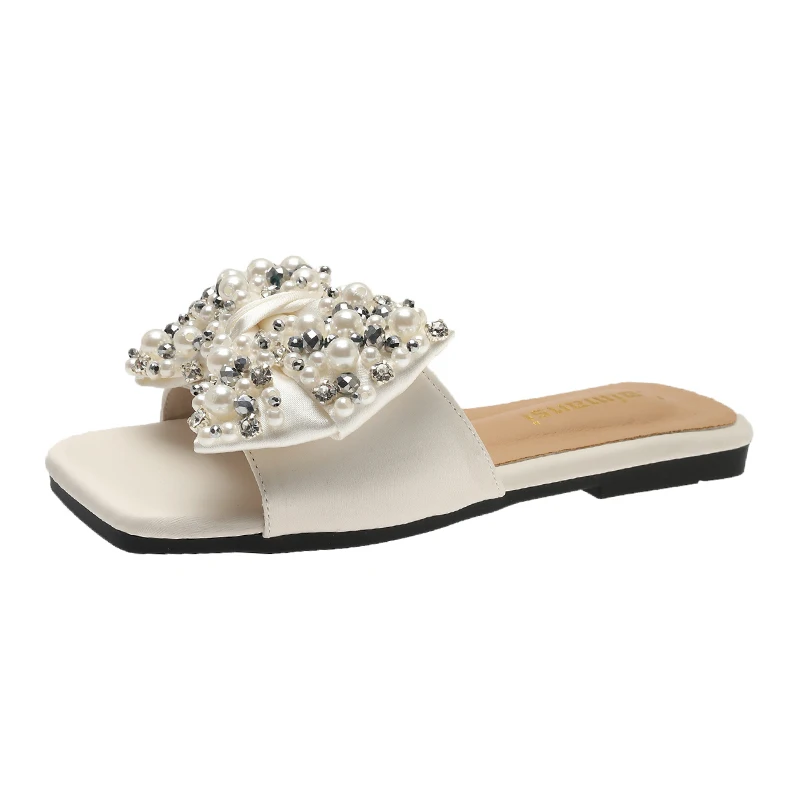 2024 NEW Fashion Comfort Casual Simple Women's Shoes Open Toe Round Toe Summer Beach Slippers Women's Solid Bow Diamond Sandals