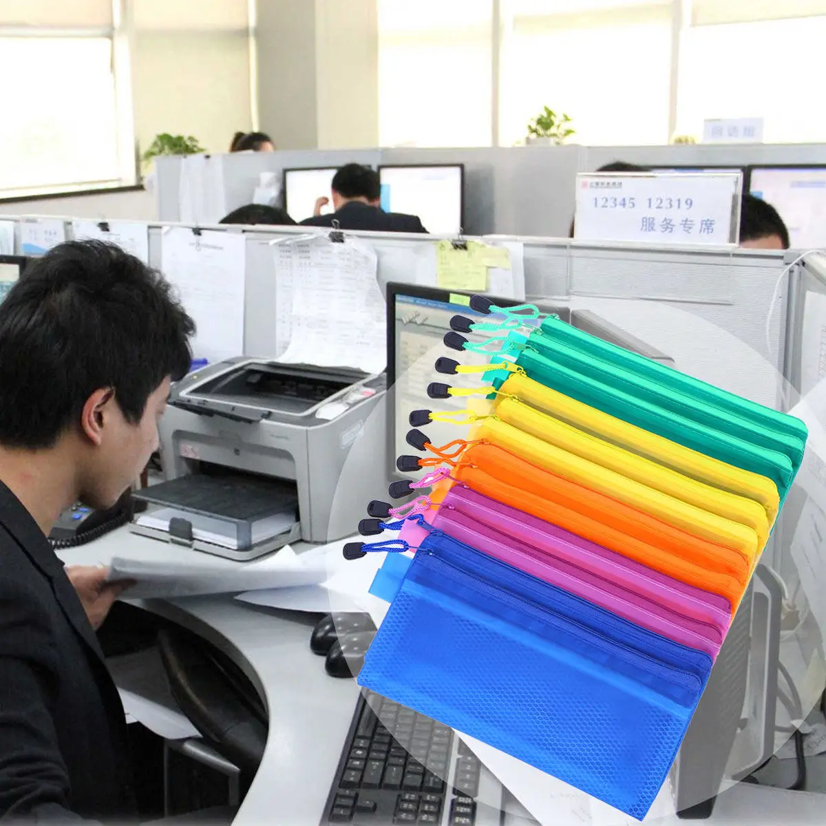 12Pcs Portable Waterproof File Bag Mesh Zipper File Bag PVC Stationery Pencil Office School Supplies Random Color