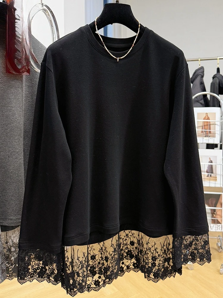 تي شيرت متطور مزين بالدانتيل بلون سادة وأكمام طويلة لربيع وخريف جديد في ملابس نسائية فضفاضة عصرية #4