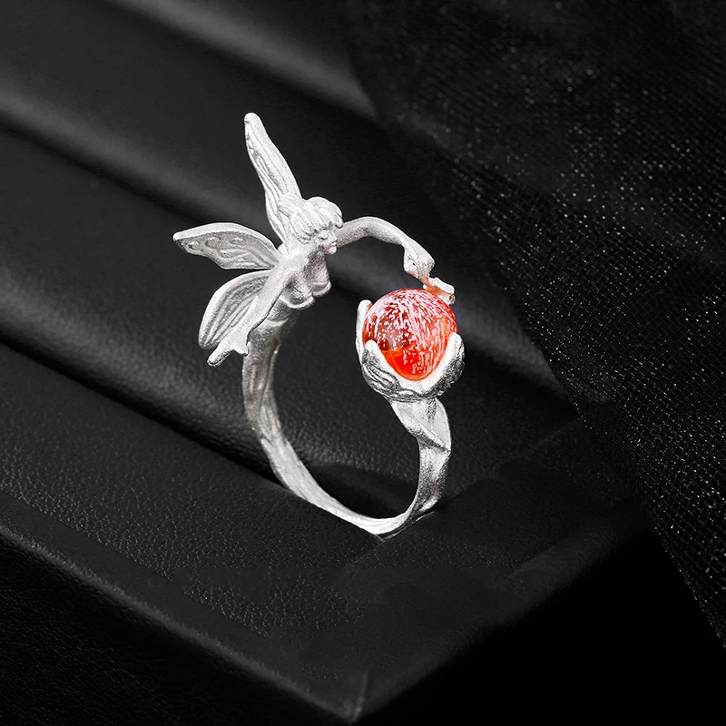 1Pc Exquisite Cherub Red Ball Fashion Creative Personalized Literary Vintage Copper Silver Color Ring Women Party Prom Gifts