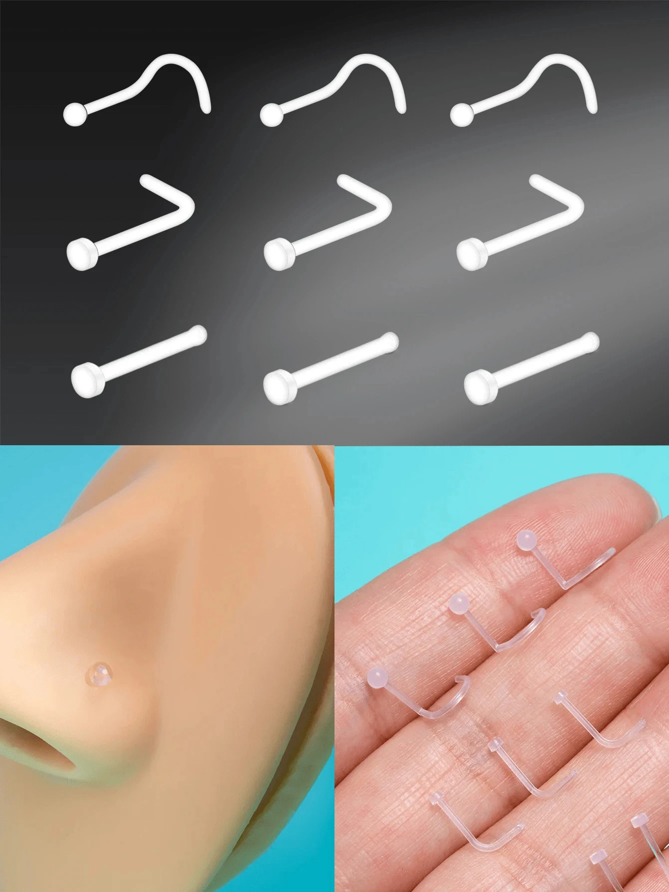 3pcs 18G 20G Acrylic Nose Studs Clear Nose Rings Retainer Straight L Shaped Screw UV Nose Rings Studs Body Piercing Jewelry
