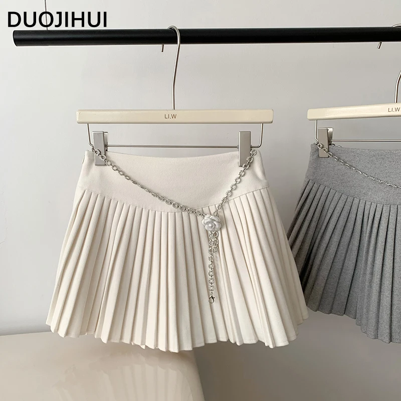 

DUOJIHUI Apricot Elegant Pure Color Female Skirts Winter Fashion A-line 3-colors Simple Casual Chic Waist Chain Women Mini Skirt