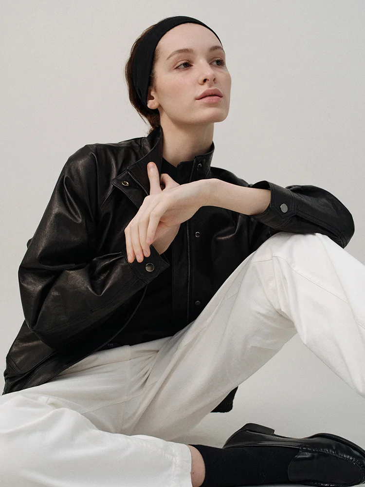 Damska kurtka skórzana ze stójką, wczesnowiosenna, koreański styl, mały rozmiar, wysokiej jakości wygląd, płaszcz z PU, zapinana na zamek, długa.