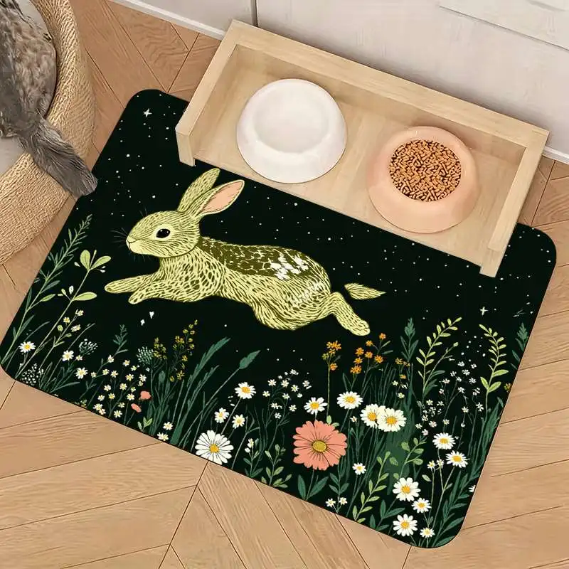 Ultra Cute Bunny Floral Pattern Mat Dog Cat Pet Feeding Area Rug Polyester Washable Waterproof Stylish Home Decor Mat for Pet Su