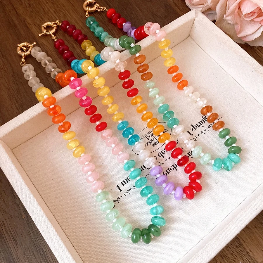 Translucent Colorful Flat Round Resin Beaded Chokers Necklaces Acrylic Strand Stackable Clavicle Chain Women Trendy Jewelry M