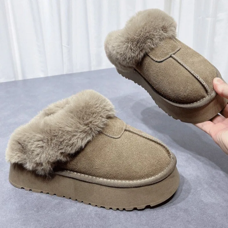 2024 Autumn/winter New Women's Thickened Fleece-lined Snow Boot Slippers Increased Heel High Top Fluffy Drags Rubber Outsole