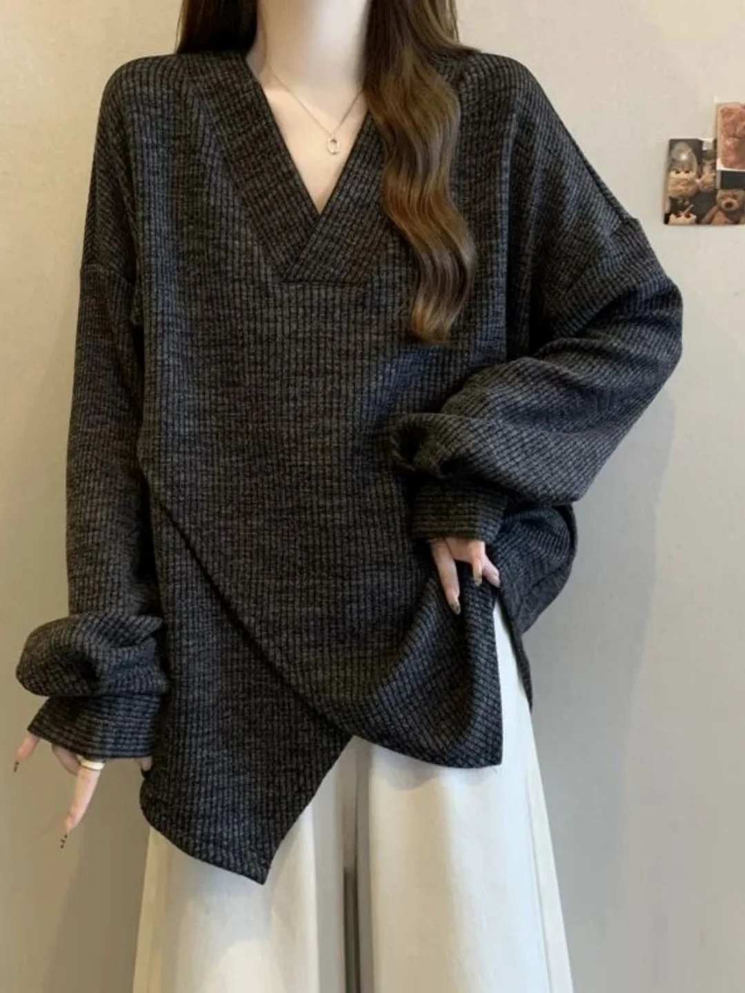 

Свободный свитшот с V-образным вырезом и асимметричным подолом, женский, больших размеров, удобный, повседневный, в корейском стиле, с длинными рукавами