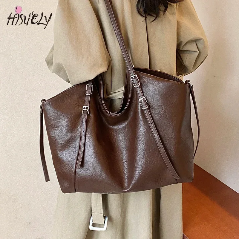 HIUSELY Retro Belt Design Small PU Leather Tote Bag for Women 2024 New Y2K Big Underarm Shoulder Bag Vegan Leather Handbag Purse