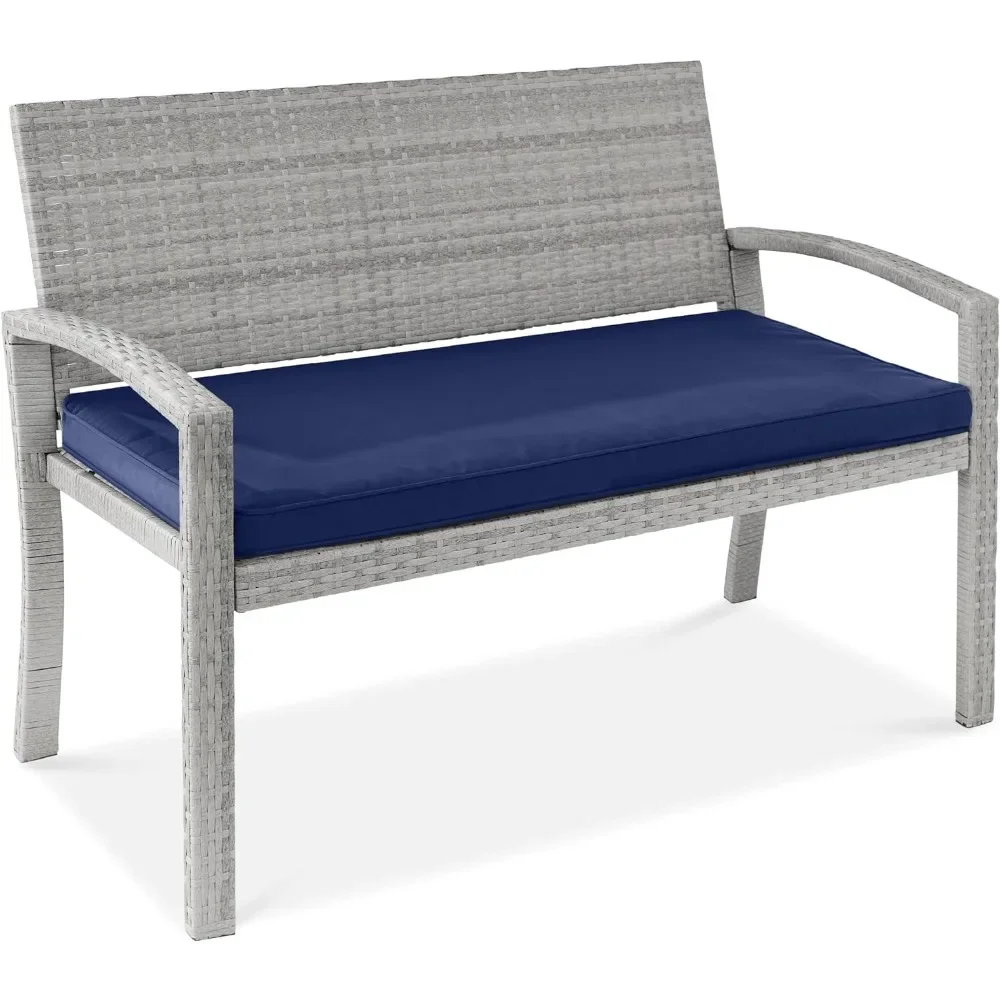 

Outdoor Bench 2-Person Wicker Garden Patio Benches Seating Furniture for Backyard, Porch w/Seat Cushion,700lb Capacity Gray/Navy