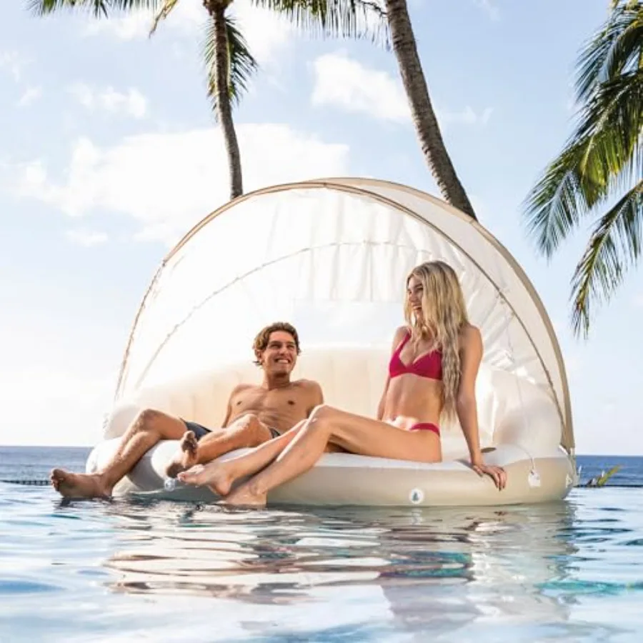 Canopy Island Inflatable Pool Float for outdoor relaxation PVC material blue color built-in cup holders and detachable sunshade