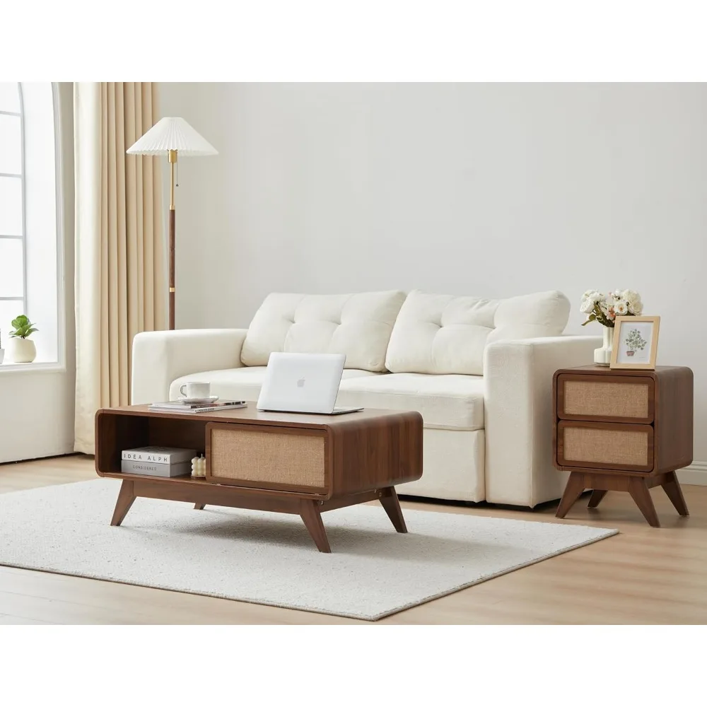 Mid Century Modern Coffee Table with Storage, Curved Edge Wood Coffee Table with Sliding Nature Linen Door, Farmhouse Cen