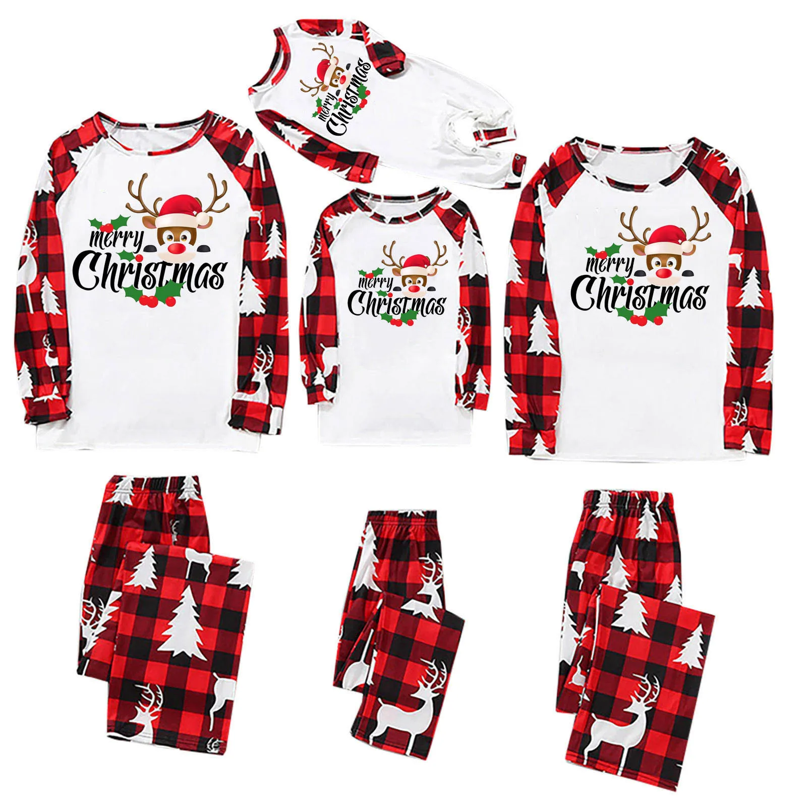 New Christmas Pajamas Family Red  White Checkered Stitching Xmas Fashion Cartoon Print Family Christmas Pajamas Set Baby Clothes