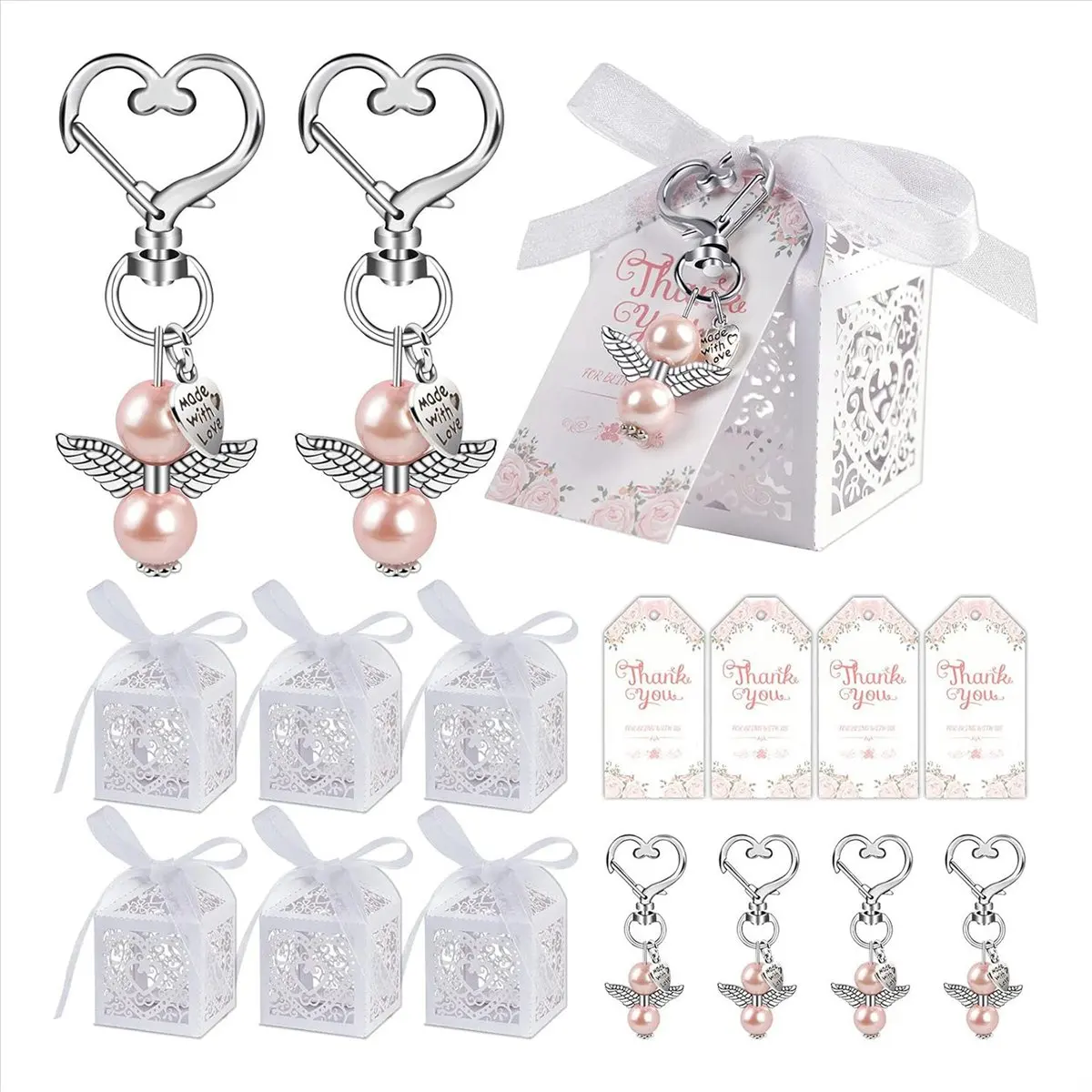 KSOL 24Pcs Baby Shower Favors Including Cute Angel Keychains, Favor Boxes and Thank You Cards for Baptism Favors, Bridal