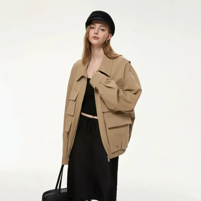 New Women's Clothing for Autumn and Winter. Retro Workwear Style Three-dimensional Large Pocket Loose Coat. Lapel Jacket Top.