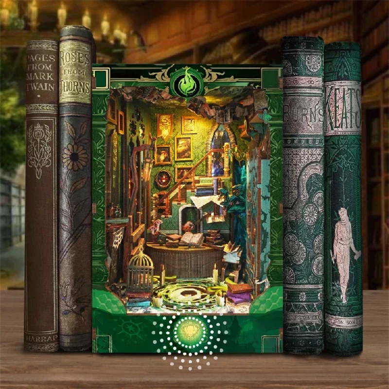 DIY Wooden Snake House Bookend Book Nook Shelf Insert with Light Miniature Model Kit Unique Birthday Gift for Book Lovers