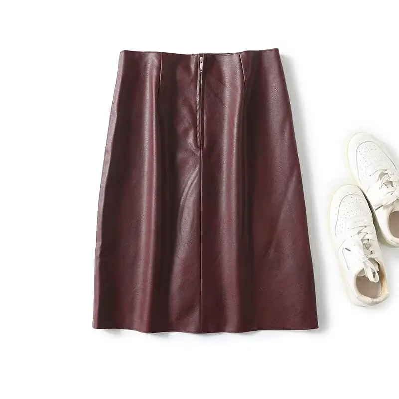 Maxdutti 2024 Winter French Minimalist Burgundy Leather Skirt With High Waist Zippers Straight Leg Mini Skirts Womens