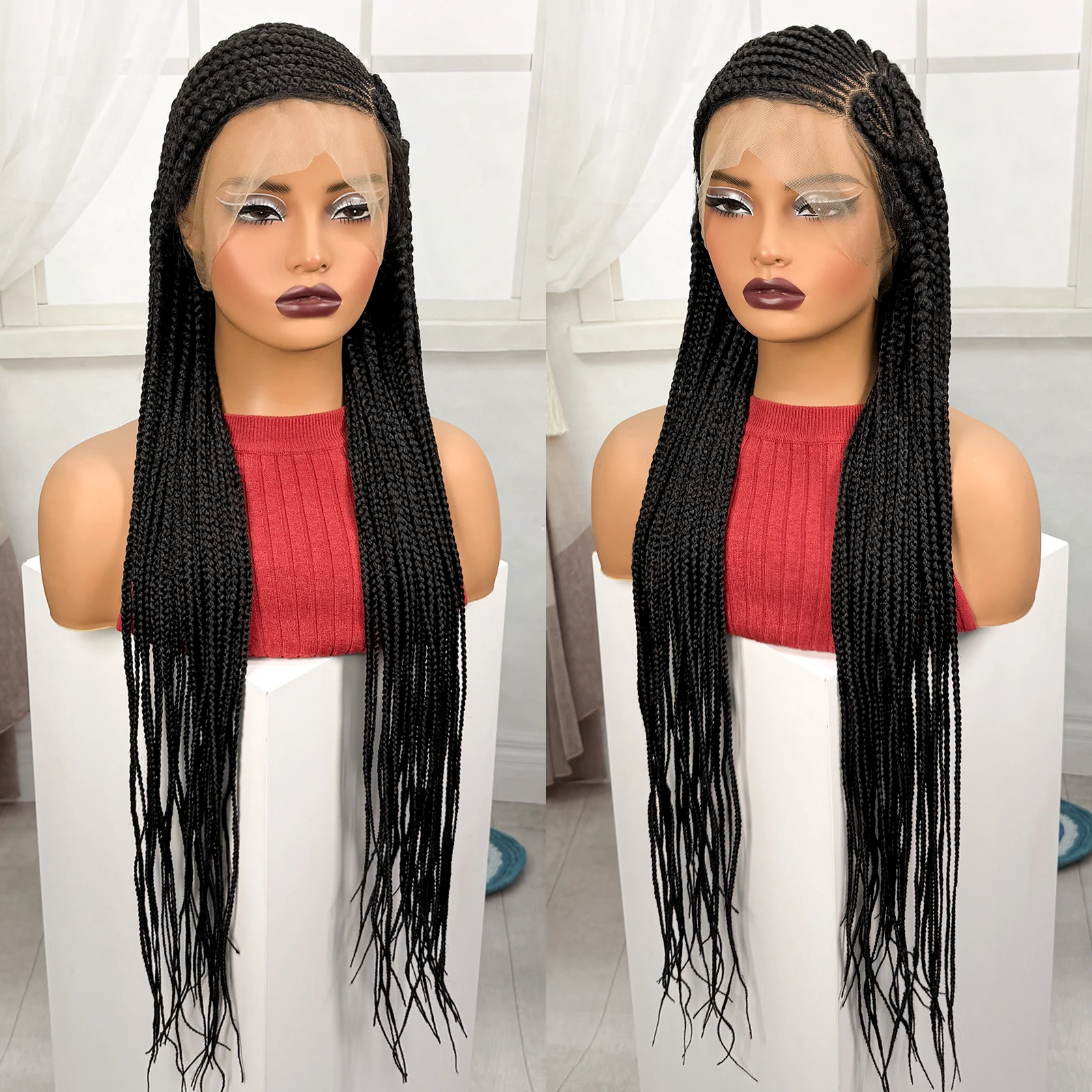 36inch Full Lace Natural Cornrow Braided Wigs Synthetic Braiding Hair Wigs Box Braided Lace Wigs with Baby Hair for Black Women
