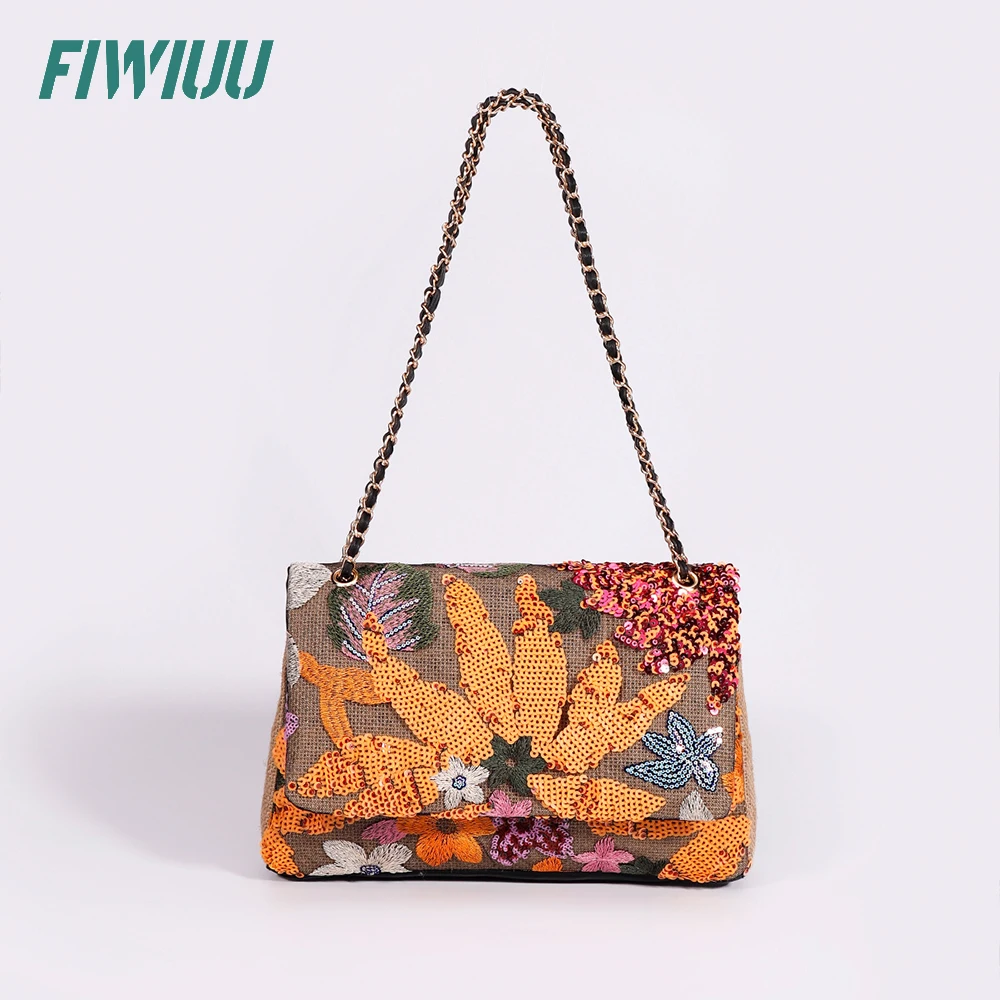 FIWIUU Women\'s Original Flap Bag Crossbody Sequin Chain Bag Floral Handbag Handwoven Embroider Shoulder Bag