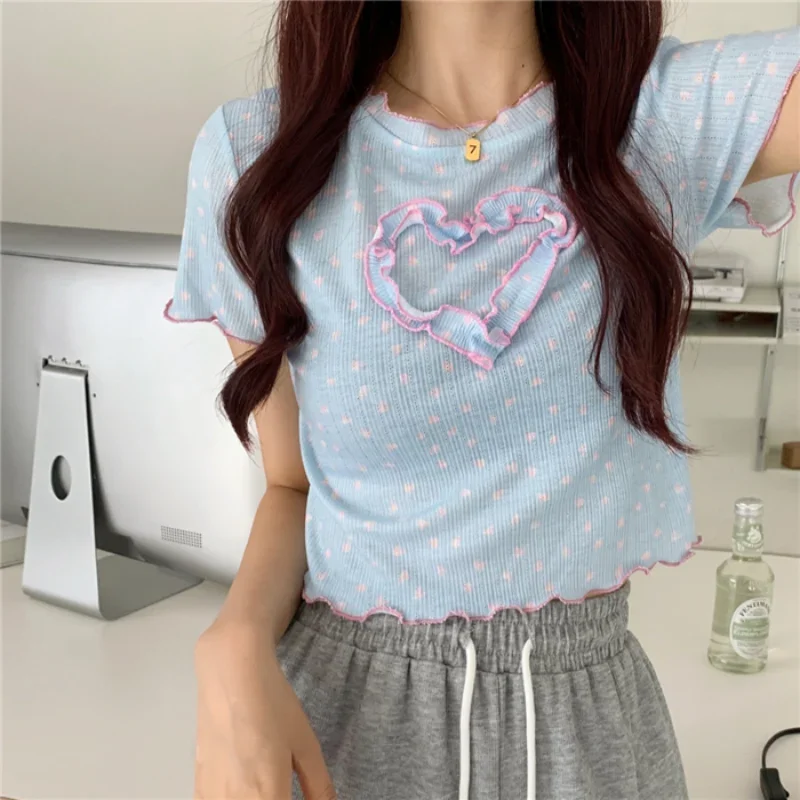 Women Korean Chic Polka Dot Printed Slim Fit T-shirts Girlish Style Cute Heart-shape Short Sleeve Crop Tops Female Casual Tees
