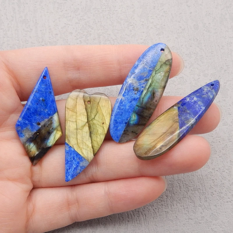 4Pcs Natural Stone Intarsia Pendants For Jewelry Making,Labradorite Lapis Lazuli Pendants,DIY Necklace,42x14x4mm,17g