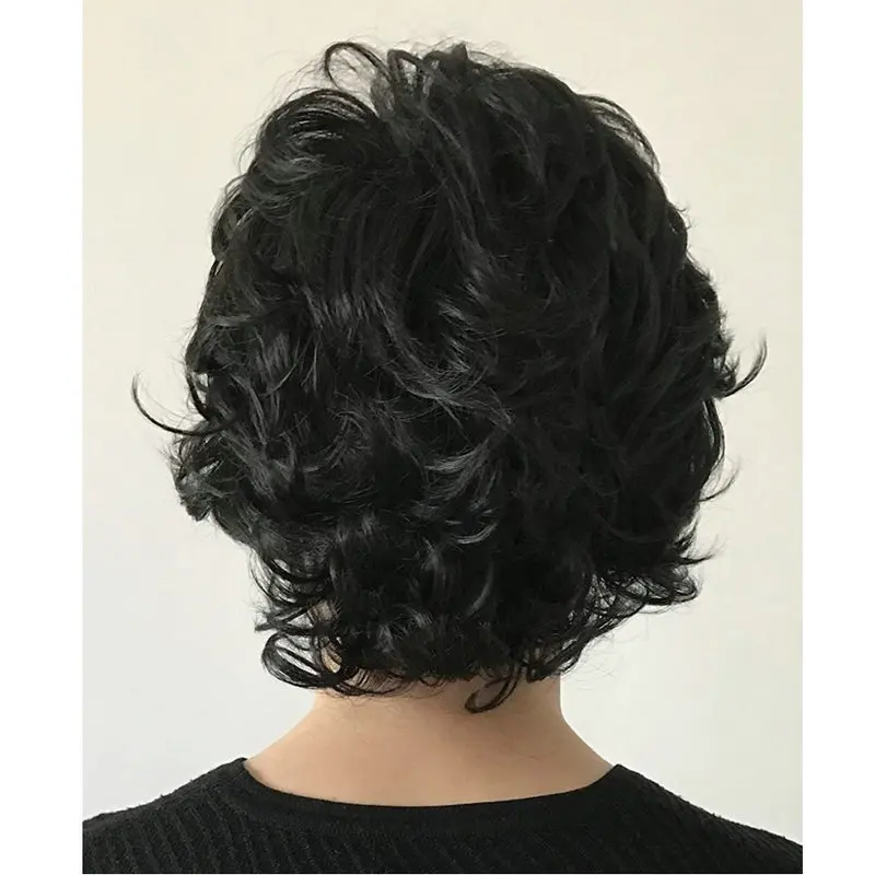 الرجال الأوروبية والأمريكية مجعد الجانب الانفجارات الشعر القصير بني داكن أسود شعر مستعار رقيق