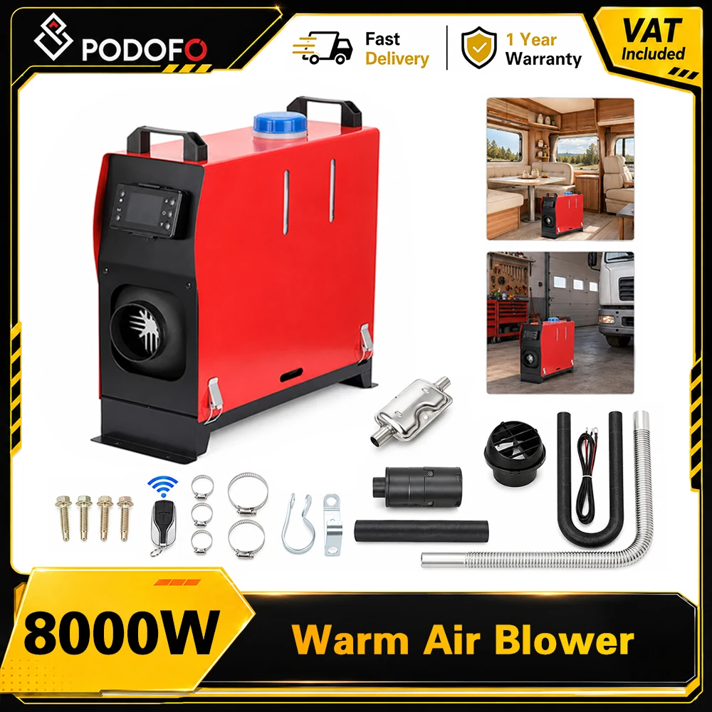Podofo 12V 8KW Diesel Fuel Air Heater Car Truck Bus Parking Cab Heater Warmer With LCD Thermostat Auto Shutdown Protection Quick Heating Heat Resistant ABS For Automotive Winter Indoor Warming