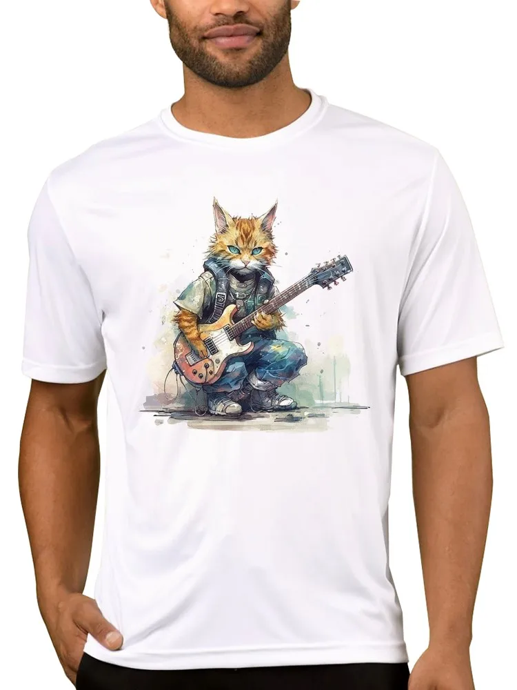 

FPACE Men Fashion Cat Play Guitar Printed T shirt Funny Animal Printing Tops