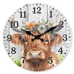 Creative Highland Cow with Flower Pattern Wooden Wall Clock Living Room Bedroom Kitchen Home Decoration Silent Quartz Clock Holiday Gift 10-Inch 12-Inch 14inch 16inch (No Battery)