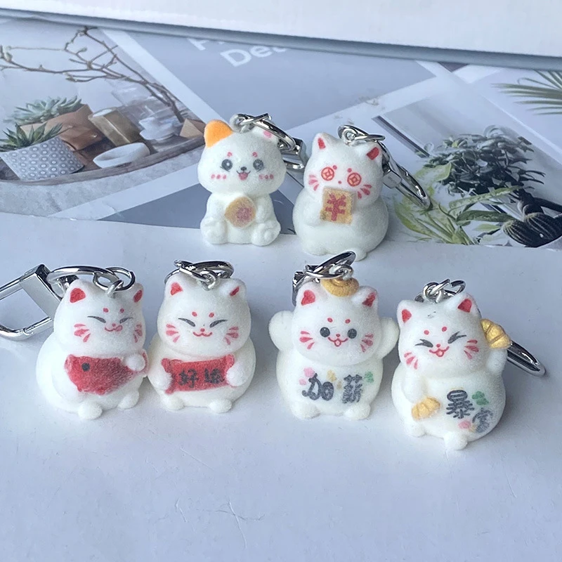 Cartoon Flocking Lucky Cat Pendant Charms Cute Resin Phone Bag Hanging Backpack Charm Keychain Gift