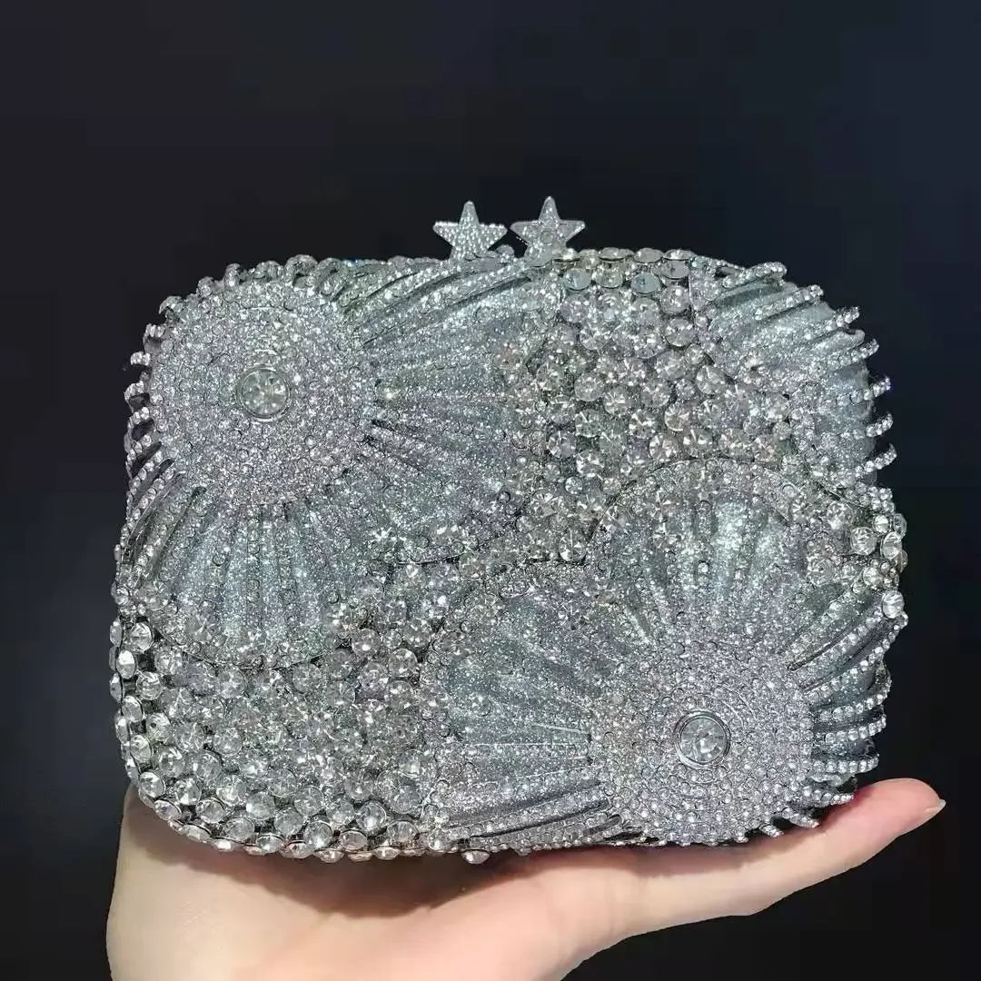 XIYUAN Romantic Flower Star Silver Diamond Woman Clutch Bag Evening Party Banquet Rhinestone Handbag Dinner Bridal Wedding Purse