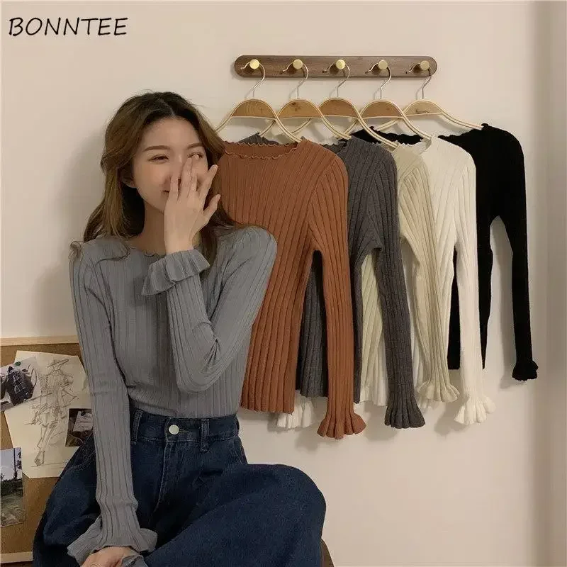 Ruched Collar Pullovers Women Solid 6 Colors Special All-match Autumn Creativity Leisure Graceful Korean Style Ladies Simple New