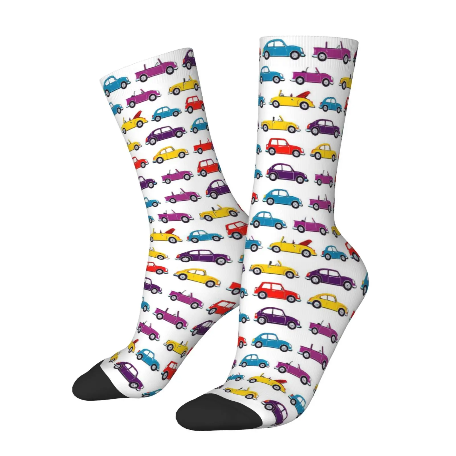 A Pair of Unisex Outdoor Socks Featuring a Car Pattern, These Mid-Calf Socks Are Perfect for Outdoor Sports