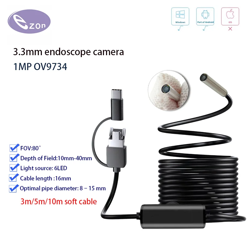 1MP Diameter 3.3mm Ultra-Thin Endoscope camera 3m/5m/10m Soft cable Micro Industrial Pipeline Inspection
