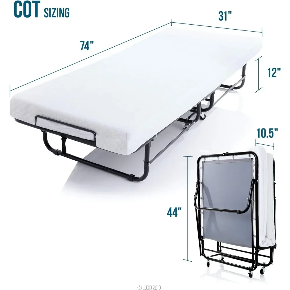 Letto per ospiti pieghevole lucido con materasso in memory foam da 4 pollici - Lettino con rotelle - Facile contenitore - Letto per lettino