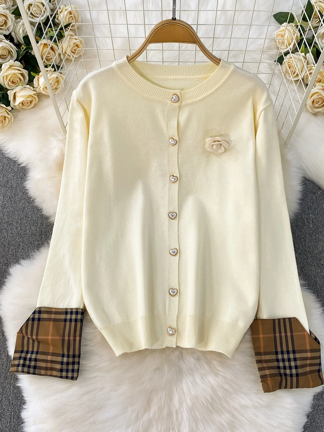 

Soft Wind Apricot Knitted Jaet High Waist Wide Leg Pants Two Piece Set Long Sve Splicing Design Button round Ne Outerwear