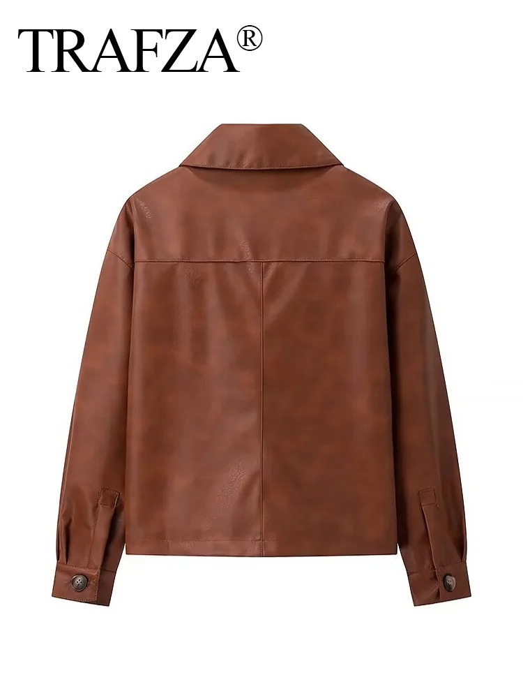 TRAFZA Women Autumn New Fashion Lapel Single-breasted Two-tone Leather Jacket Female Elegant Pockets Long Sleeve Coat Streetwear