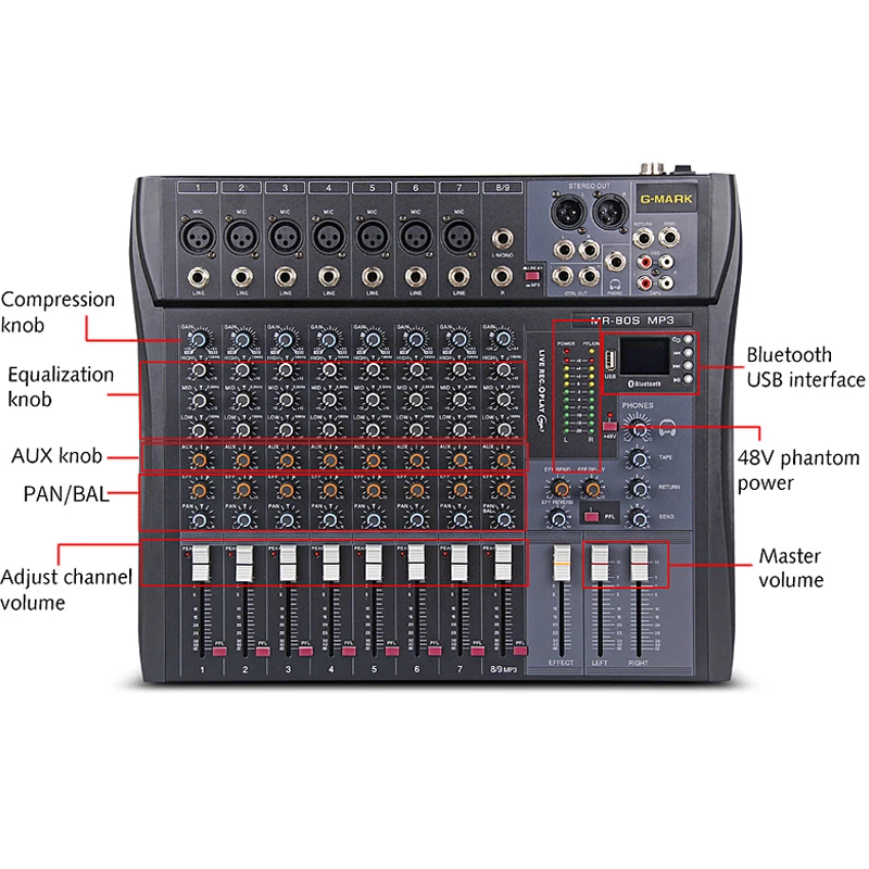 Professional Sound Mixer para PC Stage, 8 Canais, Mixing Console, Bluetooth Board, USB Reverb, Audio Studio, DJ Controller, Podcast