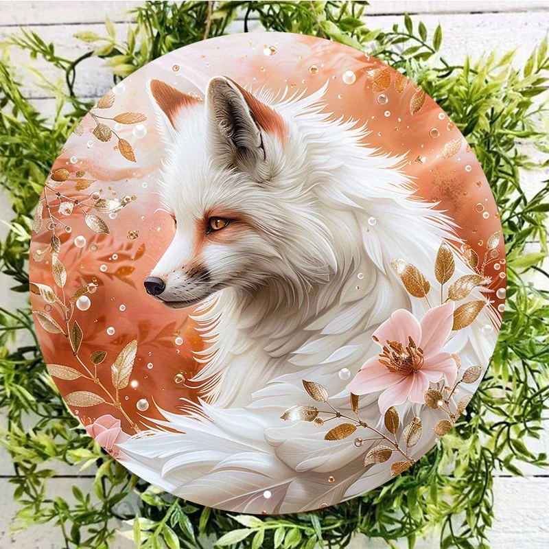 White Fox Wreath Decor, Aluminum Metal Sign, Weather Resistant, Pre-Drilled Wall Art, Home Decor, 8x8Inch, 20x20cm, HD Printing