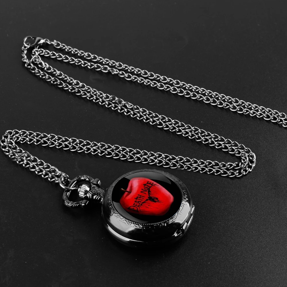 Apple Death Note Glass Dome Black Quartz Pocket Watch with Arabic Numerals Dial and Durable Chain Retro Gift for Men Women