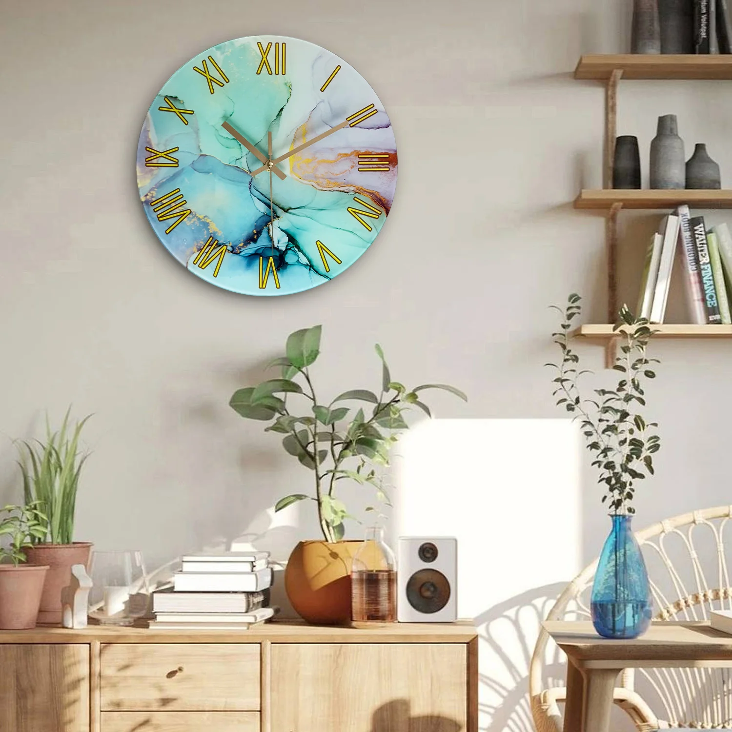 1pc 12 inch tempered glass wall clock, modern simple color marble texture gold Roman numerals design wall clock, home mute clock