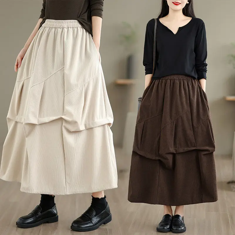 

Высококачественная юбка большого размера с бутоном цветка, осень-зима, новая плиссированная вельветовая юбка трапециевидной формы, повседневная свободная посадка для поездок на работу