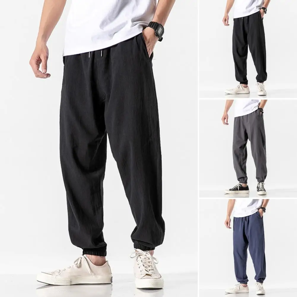 Reinforced Pocket Seams Trousers Retro Men's Ninth Pants with Side Pockets Drawstring Waist for Gym Training Jogging for Long