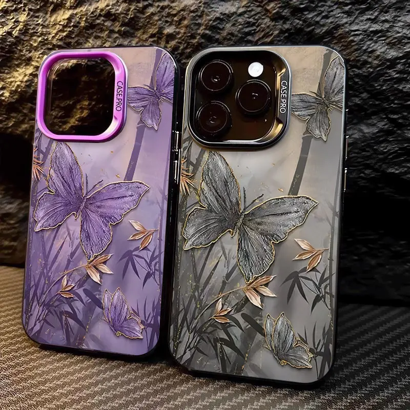 Purple Butterfly Print Electroplate Case For Xiaomi Redmi Note 13 12 11 Pro Shockproof Anti Drop Hard PC Phone Cover Fundas