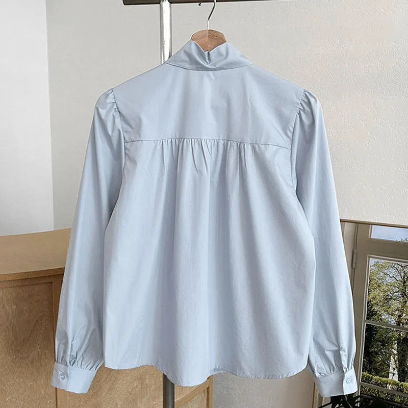 エレガントなリボン襟シャツ女性のための韓国のファッション女性服春女性ルーズブラウス長袖トップス Camisas デ Mujer
