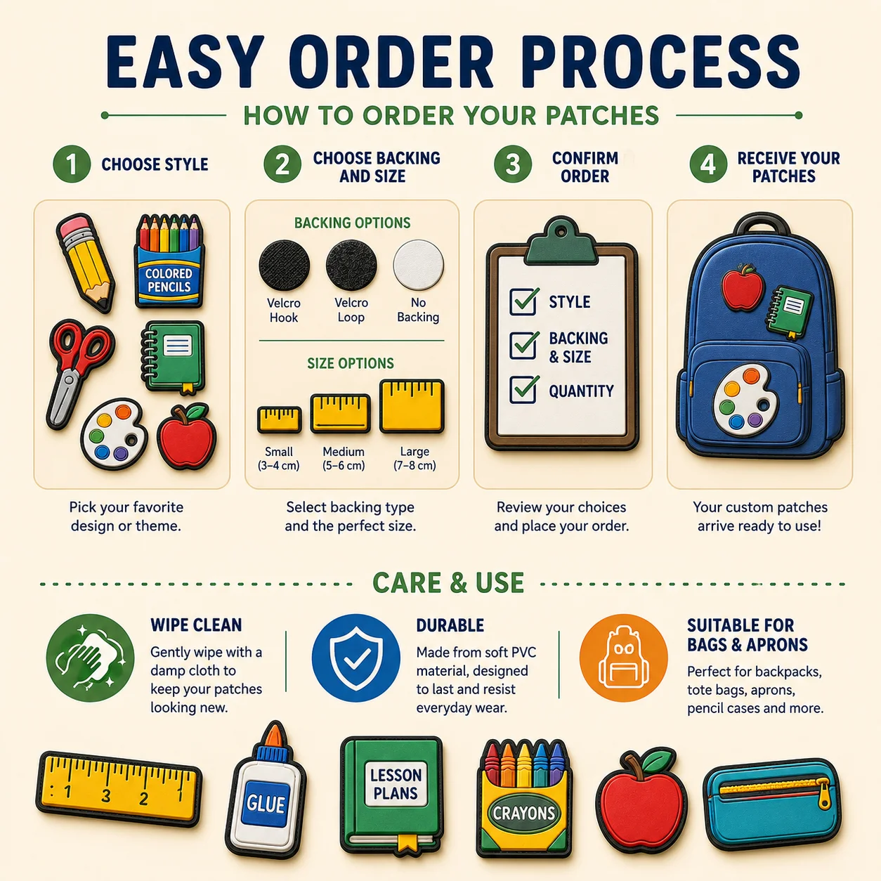 Custom Teacher PVC Patches Pencil Crayons Ruler Notebook Apple Soft Rubber Hook and Loop for Bags Aprons Backpacks School Gear