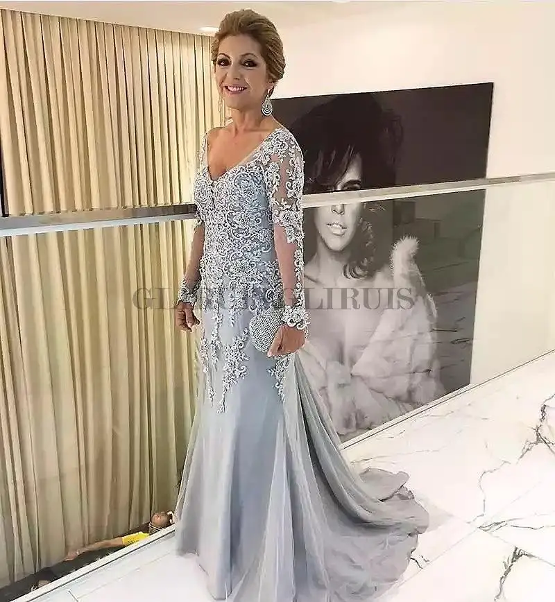 

Elegant Blue Silver Mother of the Bride Dresses Long Sleeves V Neck Godmother Evening Dresses Wedding Party Guest Gowns New