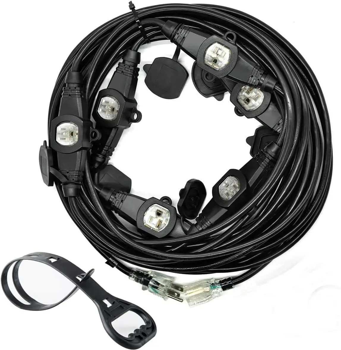 50Ft Multiple Power Extension Cord Black,7 Evenly-Spaced Inline Outlet, Led Indicator.16 Gauge 13Amp 1625Watts,Weatherproof