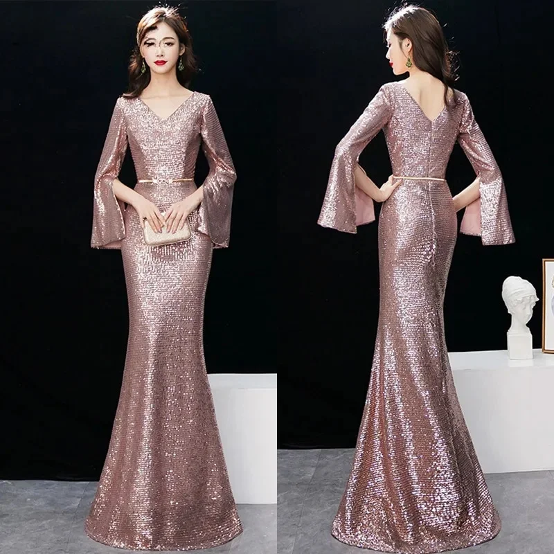 

Evening Dress Pink Sequins V-Neck Full Sleeves Zipper Mermaid Floor Length Women Party Formal Gown Plus Size Robe De Soiree K120