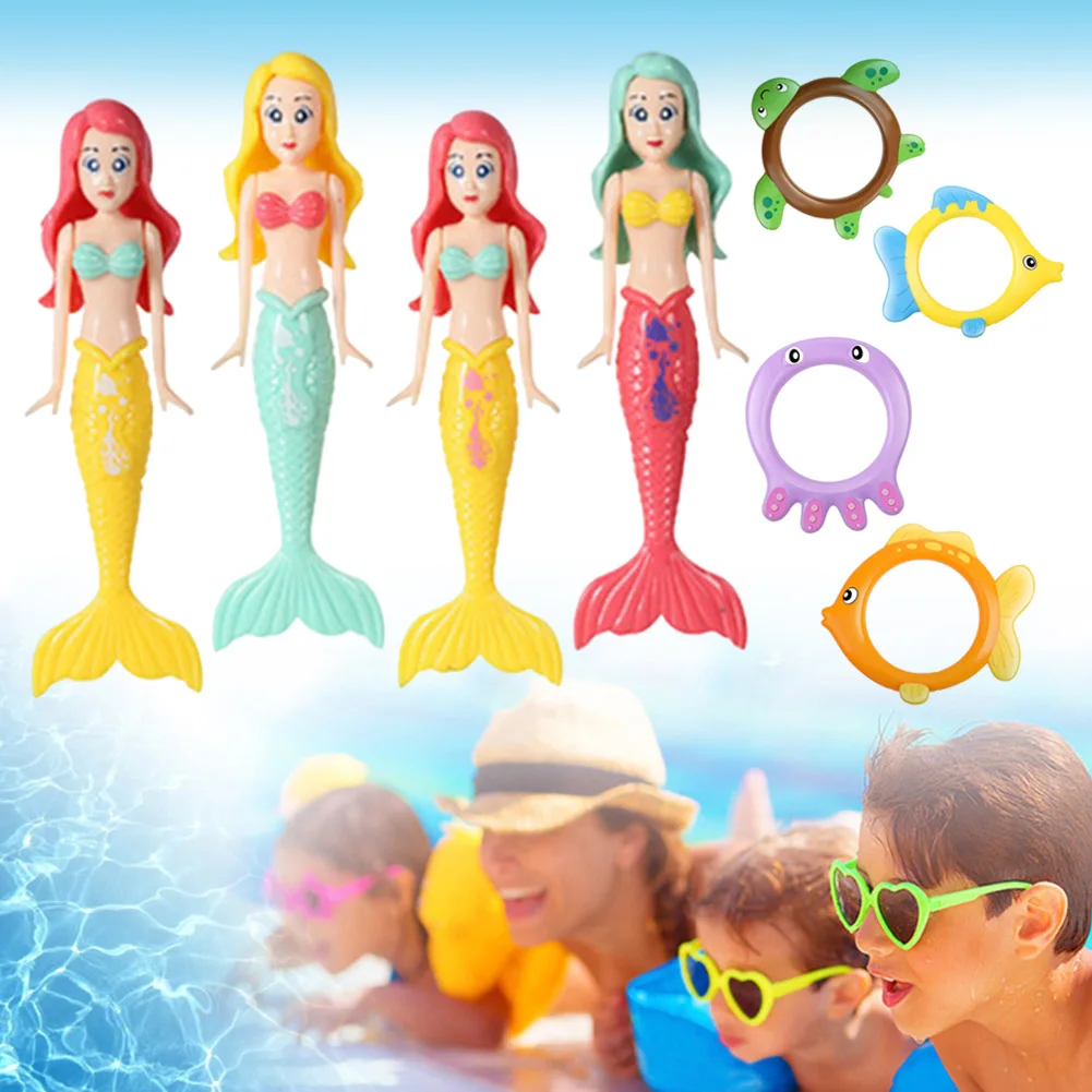 8Pcs Diving Mermaid Toy 4 Rings and 4 Mermaids Pool Sinking Toy Set Multicolor Underwater Diving Toys Cute for Diving Training